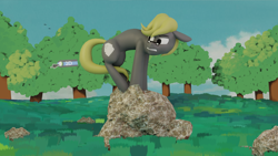 Size: 1920x1080 | Tagged: safe, artist:queen-razlad, derpibooru import, oc, oc:trestle, earth pony, monkey, mouse, pony, 2d shader, 3d, angry, blender, cursor, fear, ghibli, grass, npr, rock, scenery, solo, suzanne, tree