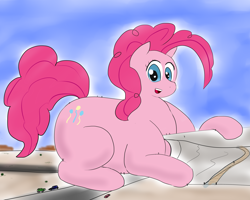 Size: 6000x4800 | Tagged: safe, artist:feyzer, derpibooru import, pinkie pie, earth pony, pony, absurd resolution, car, fat, female, giant pinkie pie, giant pony, happy, huge, macro, mare, people, pudgy pie, road