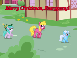 Size: 2048x1536 | Tagged: safe, artist:violetclm, derpibooru import, aura (character), bloo, cherry berry, earth pony, pony, unicorn, atg 2020, christmas, christmas lights, christmas party, christmas tree, cutie mark, female, filly, hat, holiday, it's a pony kind of christmas, linkelina, marching, mare, merry christmas, mouth hold, mug, newbie artist training grounds, op is a slowpoke, ornaments, party, ponyville, slowpoke, text, tree, trotting, walking