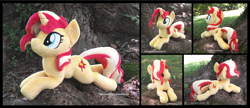 Size: 4057x1754 | Tagged: safe, artist:peruserofpieces, derpibooru import, sunset shimmer, pony, unicorn, beanie (plushie), female, happy, horn, irl, lying down, mare, photo, plushie, prone, smiling, solo, sploot, tree