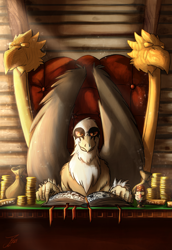 Size: 2014x2934 | Tagged: safe, artist:jamescorck, derpibooru import, oc, oc:grimm tales, griffon, bits, bobblehead, book, bookmark, chair, grunkle stan, looking at you, money bag, red eyes