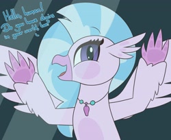 Size: 4096x3342 | Tagged: safe, artist:mrneo, derpibooru import, silverstream, hippogriff, against glass, breaking the fourth wall, cute, dialogue, diastreamies, female, fourth wall, glass, jewelry, necklace, solo, stairs, that hippogriff sure does love stairs
