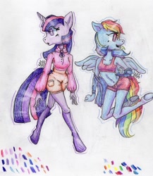 Size: 792x914 | Tagged: safe, artist:scribleydoodles, derpibooru import, rainbow dash, twilight sparkle, twilight sparkle (alicorn), alicorn, anthro, unguligrade anthro, clothes, duo, flying, hoodie, open mouth, shorts, simple background, sports bra, sports shorts, traditional art, white background