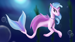 Size: 3840x2160 | Tagged: safe, artist:tenebrisnoctus, derpibooru import, silverstream, seapony (g4), blue mane, colored pupils, crepuscular rays, doodle, female, fin wings, fins, fish tail, flowing mane, high res, jewelry, necklace, ocean, purple eyes, solo, sunlight, swimming, tail, underwater, water, wings