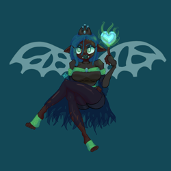 Size: 1024x1024 | Tagged: safe, artist:scribleydoodles, derpibooru import, queen chrysalis, human, barefoot, blue background, breasts, clothes, crown, dark skin, dress, eared humanization, evening gloves, eyeshadow, fangs, feet, female, fingerless gloves, gloves, heart, humanized, jewelry, leggings, lipstick, long gloves, magic, makeup, open mouth, regalia, shorts, simple background, skirt, solo, torn clothes, winged humanization, wings