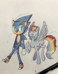 Size: 2988x3816 | Tagged: safe, artist:scribleydoodles, derpibooru import, rainbow dash, anthro, hedgehog, pegasus, pony, clothes, crossover, duo, female, gloves, male, mare, open mouth, pen, raised hoof, shoes, simple background, sneakers, sonic the hedgehog, sonic the hedgehog (series), traditional art, white background
