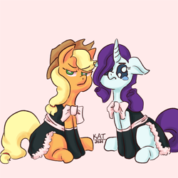 Size: 1024x1024 | Tagged: safe, artist:scribleydoodles, derpibooru import, applejack, rarity, earth pony, pony, unicorn, alternate hairstyle, applejack is not amused, applejack's hat, belt, bowtie, clothes, cowboy hat, crying, dress, duo, ears, eye shimmer, female, floppy ears, gloves, hat, maid, mare, pink background, rarity is not amused, simple background, sitting, skirt, socks, teary eyes, unamused