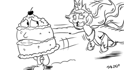 Size: 1200x675 | Tagged: safe, artist:pony-berserker, derpibooru import, princess celestia, alicorn, pony, pony-berserker's twitter sketches, cake, cake monster, cakelestia, chase, female, food, hilarious in hindsight, hungry, mare, running, running away, salivating, silly face, tongue out