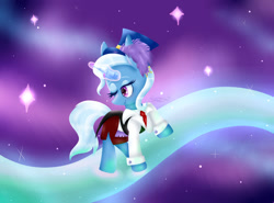 Size: 1024x758 | Tagged: safe, artist:midnightauroraarts, derpibooru import, trixie, pony, unicorn, blue coat, clothes, feather, female, glowing horn, hat, horn, magic, mare, one eye closed, raised hoof, signature, smiling, solo, starry background, tie, top hat, two toned mane, two toned tail