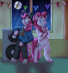 Size: 3000x3200 | Tagged: safe, artist:applejackofalltrades, derpibooru import, pinkie pie, earth pony, pony, bipedal, clothes, duality, hoodie, night, rapper pie, self ponidox, shoes, speakers, standing, standing up