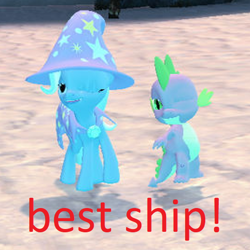 Size: 536x536 | Tagged: safe, artist:rygoespop, derpibooru import, edit, spike, trixie, dragon, pony, 3d, best ship, caption, cropped, female, male, mare, one eye closed, shipping, source filmmaker, spixie, straight, text