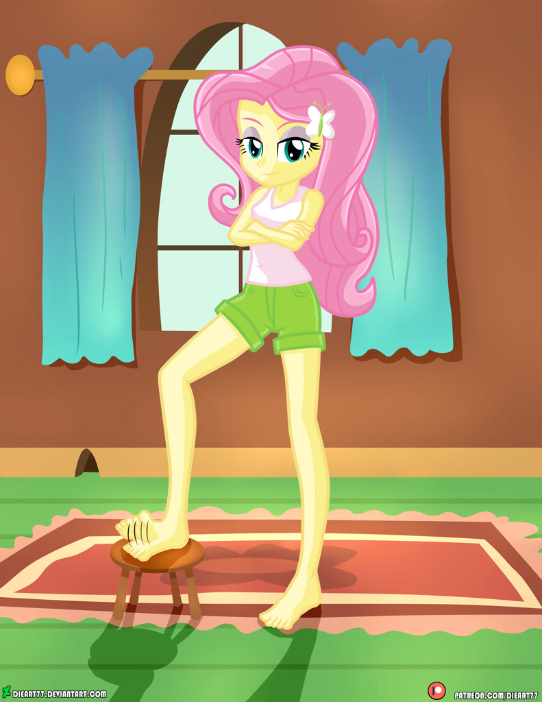 2760412 - safe, artist:dieart77, derpibooru import, fluttershy, equestria  girls, barefoot, bedroom eyes, breasts, cleavage, commission, crossed arms,  feet, foot tapping, hootershy, lidded eyes, looking at you, stool, tapping  - Ponybooru