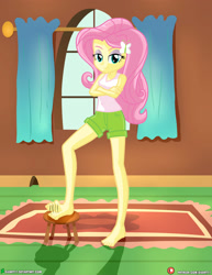 Size: 3090x4000 | Tagged: safe, artist:dieart77, derpibooru import, fluttershy, equestria girls, barefoot, bedroom eyes, breasts, cleavage, commission, crossed arms, feet, foot tapping, hootershy, lidded eyes, looking at you, stool, tapping