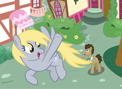 Size: 5579x4067 | Tagged: safe, artist:mr100dragon100, derpibooru import, derpy hooves, doctor whooves, earth pony, pegasus, female, flying, houses, male, ponyville, street, tree