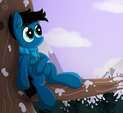 Size: 7200x6600 | Tagged: safe, artist:agkandphotomaker2000, derpibooru import, oc, oc:pony video maker, pegasus, pony, clothes, forest, hoof on belly, laying on a tree branch, mountain, relaxing, scarf, snow, tree, tree branch