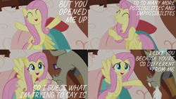 Size: 2000x1125 | Tagged: safe, derpibooru import, edit, edited screencap, editor:quoterific, screencap, discord, fluttershy, draconequus, pegasus, pony, discordant harmony, caption, comic, duo, eyes closed, female, flying, hooves in air, male, open mouth, screencap comic, text