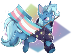 Size: 1024x769 | Tagged: safe, artist:cutepencilcase, derpibooru import, trixie, unicorn, cheek fluff, chest fluff, clothes, ear fluff, ears, hoodie, looking at you, mouth hold, pride, pride flag, trans trixie, transgender, transgender pride flag