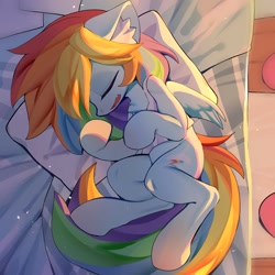 Size: 2048x2048 | Tagged: safe, artist:amo, derpibooru import, rainbow dash, pegasus, pony, bed, cute, dashabetes, ear fluff, ears, eyes closed, female, high res, lying down, mare, on bed, on side, open mouth, pillow, sleeping, solo