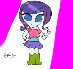 Size: 1048x992 | Tagged: safe, artist:iivividz, derpibooru import, rarity, equestria girls, abstract background, boots, breasts, clothes, cute, female, raribetes, raritits, shoes, signature, skirt, smiling, solo, waving
