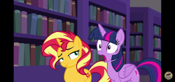 Size: 1520x720 | Tagged: safe, screencap, fluttershy, sunset shimmer, twilight sparkle, twilight sparkle (alicorn), alicorn, pegasus, pony, unicorn, equestria girls, forgotten friendship, spoiler:eqg specials, amazed, bookshelf, duo, duo female, fluttershy525, gasp, horn, library, open mouth, ponified, purple coat, smiling, sunglasses, two toned mane, two toned tail, wings, yellow coat