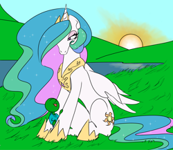 Size: 4404x3814 | Tagged: safe, artist:2hrnap, princess celestia, oc, oc:anon, oc:kid anon, alicorn, human, pony, clothes, crown, detailed background, female, grass, horn, jewelry, lake, looking up, male, mare, momlestia, multicolored mane, multicolored tail, open mouth, regalia, shirt, sitting, smiling, sun, water, white coat, wings