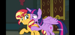 Size: 1520x720 | Tagged: safe, screencap, sunset shimmer, twilight sparkle, twilight sparkle (alicorn), alicorn, pony, unicorn, equestria girls, forgotten friendship, spoiler:eqg specials, amazed, bookshelf, butt grab, discovery family logo, don't take this away from me, duo, duo female, gasp, horn, library, looking at each other, open mouth, ponified, purple coat, raised hoof, smiling, spread wings, sunglasses, two toned mane, two toned tail, wings, yellow coat
