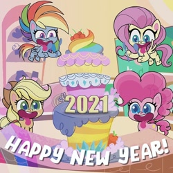 Size: 1080x1080 | Tagged: safe, derpibooru import, applejack, fluttershy, pinkie pie, rainbow dash, earth pony, pegasus, pony, my little pony: pony life, cake, food, happy new year, happy new year 2021, holiday, instagram, official, open mouth, silly, silly pony, tongue out, who's a silly pony