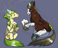 Size: 3379x2777 | Tagged: safe, artist:slimyferret, derpibooru import, oc, oc:platinum forge, oc:sour scotch, earth pony, pegasus, 2021, beard, beer stein, celebrating, cider, clydesdale, drink, duo, facial hair, frog (hoof), gelding, happy new year, hat, holiday, hoof hold, horseshoes, new year, party hat, simple background, sitting, underhoof, unshorn fetlocks