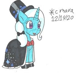 Size: 898x861 | Tagged: safe, artist:cmara, derpibooru import, trixie, pony, unicorn, bowtie, cape, clothes, dress, female, gala dress, hat, hoof shoes, mare, open mouth, simple background, solo, top hat, traditional art, white background