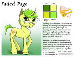 Size: 2300x1780 | Tagged: safe, artist:chopsticks, derpibooru import, oc, oc only, oc:faded page, unicorn, chest fluff, ear fluff, ears, glasses, looking at you, male, reference sheet, solo, stallion, text, unshorn fetlocks