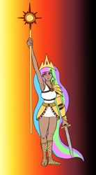 Size: 496x900 | Tagged: safe, artist:slamjam, derpibooru import, princess celestia, human, female, humanized, scepter, sword, weapon