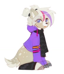 Size: 891x1026 | Tagged: safe, artist:orchidpony, derpibooru import, oc, oc only, deer, clothes, deer oc, eye clipping through hair, leg warmers, looking at you, scarf, simple background, sitting, smiling, solo, white background