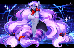 Size: 3098x2007 | Tagged: safe, artist:koveliana, derpibooru import, oc, oc only, oc:cinnabyte, anthro, earth pony, adorkable, anthro oc, beautiful, clothes, cute, dork, female, gaming headset, glasses, headphones, headset, kneeling, looking at you, mare, one eye closed, skirt, socks, striped socks, t-shirt, thigh highs, tongue out, wink