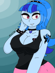 Size: 1932x2576 | Tagged: safe, artist:c_w, derpibooru import, sonata dusk, equestria girls, breasts, cleavage, eyelashes, eyeshadow, goth, gothic sonata, hand on face, jewelry, looking at you, makeup, pendant, smiling, smiling at you, sonata bust, tattoo, wristband