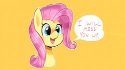 Size: 1920x1080 | Tagged: safe, artist:another_pony, derpibooru import, fluttershy, pegasus, pony, dialogue, smiling, solo, threat