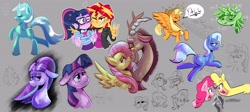 Size: 4096x1828 | Tagged: safe, artist:another_pony, derpibooru import, applejack, discord, fluttershy, lyra heartstrings, oleander, paprika paca, pinkie pie, sci-twi, spike, starlight glimmer, sunset shimmer, tempest shadow, trixie, twilight sparkle, oc, alicorn, dragon, earth pony, pegasus, unicorn, them's fightin' herds, equestria girls, alicornified, applecorn, broken horn, crying, eyes closed, happy, horn, hug, race swap, sad, sketch, smiling