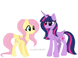 Size: 4000x3000 | Tagged: safe, artist:incendiaryboobs, derpibooru import, fluttershy, twilight sparkle, twilight sparkle (alicorn), alicorn, pegasus, pony, duo, high res, older, simple background, white background