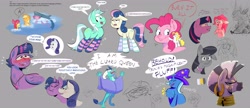 Size: 4096x1768 | Tagged: safe, artist:another_pony, derpibooru import, apple bloom, applejack, bon bon, dj pon-3, lyra heartstrings, maud pie, octavia melody, pinkie pie, princess ember, rarity, spike, starlight glimmer, surprise, sweetie drops, trixie, twilight sparkle, twilight sparkle (alicorn), vinyl scratch, zecora, alicorn, dragon, earth pony, pegasus, pony, shark, unicorn, blushing, book, chest fluff, clothes, costume, dialogue, faic, female, lesbian, lidded eyes, looking at you, rarilight, shipping, sketch, smiling, socks, startrix, striped socks, swimming, thigh highs, unamused, water