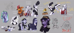 Size: 4096x1842 | Tagged: safe, artist:another_pony, derpibooru import, oc, oc only, earth pony, kirin, pony, unicorn, book, dancing, glasses, hun, lidded eyes, pompadour, royal pompadour, sad, sketch