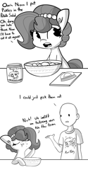 Size: 2700x5400 | Tagged: safe, artist:tjpones, derpibooru import, trixie, oc, oc only, oc:brownie bun, oc:richard, earth pony, human, pony, black and white, comic, dialogue, eating, female, food, grayscale, husband and wife, male, mare, monochrome, pickles, potato salad, simple background, talking with your mouth full, white background