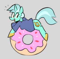 Size: 806x789 | Tagged: safe, artist:closedcaskett, derpibooru import, lyra heartstrings, pony, unicorn, clothes, donut, female, food, gray background, happy, hoodie, mare, simple background, smiling, solo