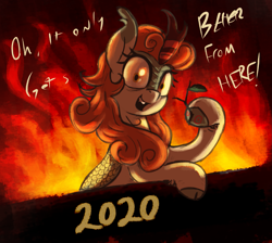 Size: 1495x1340 | Tagged: safe, artist:t72b, derpibooru import, autumn blaze, kirin, 2020, autumn blaze's disaster puppet, bipedal, bipedal leaning, crazy face, faic, fangs, fire, leaning, looking at you, new year, talking to viewer, text, this is fine