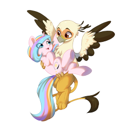 Size: 1500x1500 | Tagged: safe, artist:colorfulcolor233, artist:vistamage, derpibooru exclusive, derpibooru import, oc, oc only, oc:oofy colorful, oc:vistamage, griffon, pony, unicorn, 2021 community collab, couple, derpibooru community collaboration, eye contact, female, flying, griffon oc, looking at each other, male, mare, oc x oc, oofymage, shipping, simple background, straight, transparent background