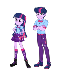 Size: 1316x1579 | Tagged: safe, artist:orin331, derpibooru import, edit, dusk shine, twilight sparkle, better together, equestria girls, boots, bowtie, clothes, cutie mark, cutie mark on clothes, equestria guys, female, male, pants, r63 paradox, rule 63, self paradox, shoes, simple background, skirt, socks, transparent background