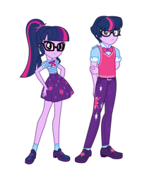 Size: 1316x1579 | Tagged: safe, artist:orin331, derpibooru import, edit, dusk shine, sci-twi, twilight sparkle, better together, equestria girls, clothes, cutie mark, cutie mark on clothes, equestria guys, female, geode of telekinesis, glasses, magical geodes, male, nerd, pants, ponytail, r63 paradox, rule 63, self-paradox, shoes, simple background, skirt, transparent background