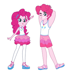 Size: 1316x1379 | Tagged: safe, artist:orin331, derpibooru import, edit, bubble berry, pinkie pie, better together, equestria girls, arm behind head, armpits, arms in the air, clothes, cutie mark, cutie mark on clothes, equestria guys, feet, geode of sugar bombs, grin, handsome, magical geodes, one eye closed, r63 paradox, rule 63, sandals, shoes, shorts, simple background, skirt, smiling, tanktop, transparent background, wink