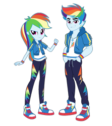 Size: 1316x1482 | Tagged: safe, artist:orin331, derpibooru import, edit, rainbow blitz, rainbow dash, better together, equestria girls, clothes, converse, equestria guys, female, fist pump, geode of super speed, handsome, hoodie, jacket, magical geodes, male, pants, r63 paradox, rule 63, self paradox, shirt, shoes, simple background, smiling, sneakers, sweatpants, t-shirt, tomboy, transparent background, wristband