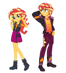 Size: 1316x1448 | Tagged: safe, artist:orin331, derpibooru import, edit, sunset glare, sunset shimmer, better together, equestria girls, arm behind head, arms in the air, boots, clothes, cutie mark, cutie mark on clothes, equestria guys, female, geode of empathy, grin, hand on hip, handsome, happy, jacket, legs, magical geodes, male, pants, r63 paradox, rule 63, self paradox, shirt, shoes, simple background, skirt, smiling, transparent background