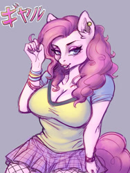 Size: 1200x1600 | Tagged: safe, artist:noupie, derpibooru import, pinkie pie, anthro, big breasts, breasts, cleavage, clothes, eyeshadow, gyaru, japanese, lipstick, miniskirt, pinkie pies, shirt, skirt, solo