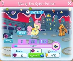 Size: 757x630 | Tagged: safe, derpibooru import, screencap, fluttershy, cyborg, pegasus, pony, clothes, cyber pony, gameloft, space